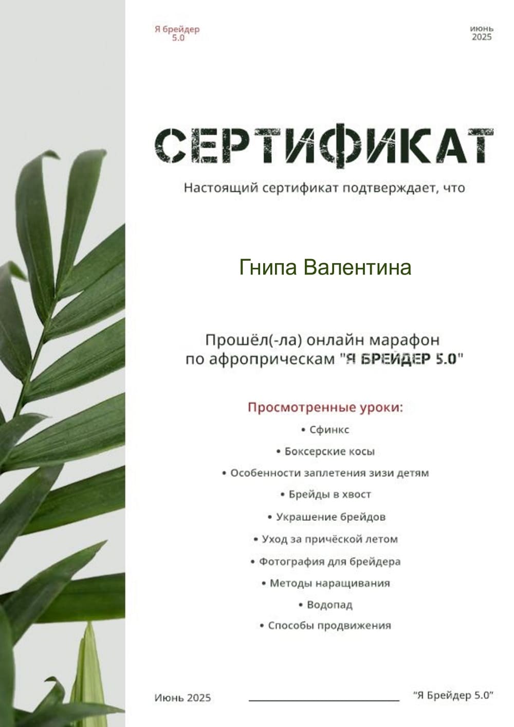 Документ об обучении плетению кос Гнипа Валентина